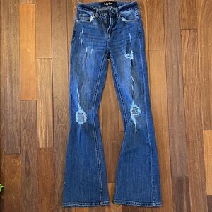 Indigo Rein Women's Distressed Blue Flare Jeans